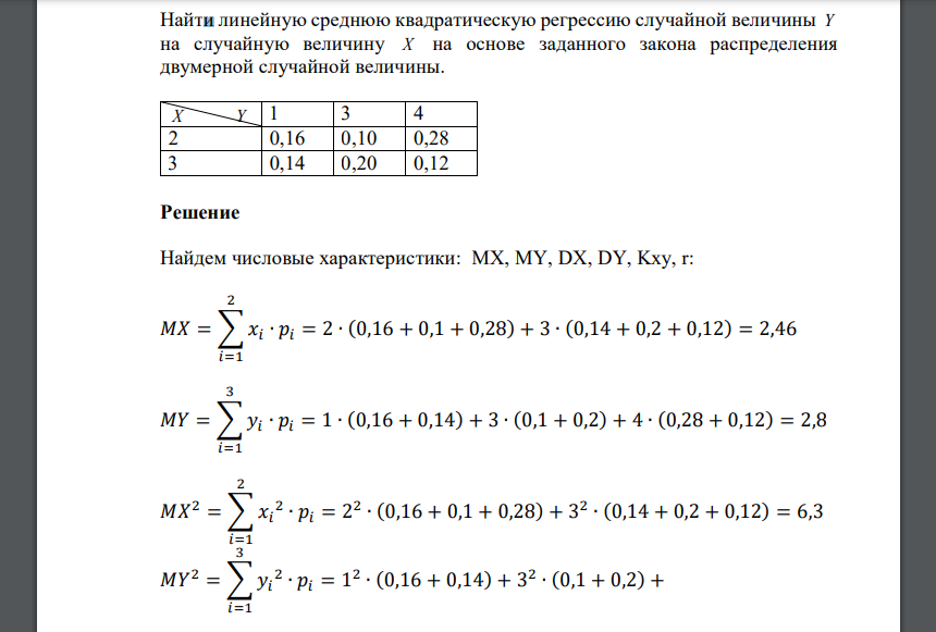 Найти линейную среднюю квадратическую регрессию случайной величины Y на случайную величину X на