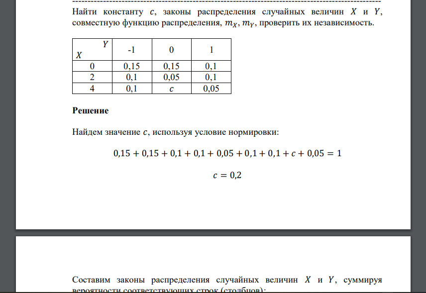 Найти константу 𝑐, законы распределения случайных величин 𝑋 и 𝑌, совместную функцию распределения