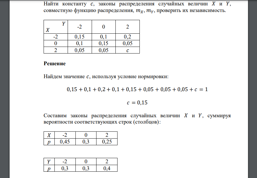 Найти константу 𝑐, законы распределения случайных величин 𝑋 и 𝑌, совместную функцию распределения, 𝑚𝑋