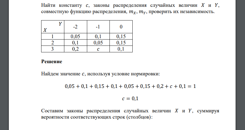 Найти константу 𝑐, законы распределения случайных величин 𝑋 и 𝑌, совместную функцию