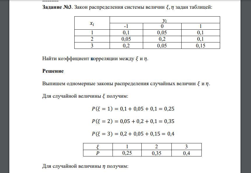 Закон распределения системы величин 𝜉, 𝜂 задан таблицей: 𝑥𝑖 𝑦𝑖 -1 0 1 1 0,1 0,05 0,1 2 0,05 0,2 0,1 3 0,2 0,05 0,15 Найти