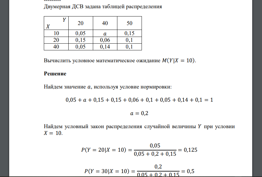 Двумерная ДСВ задана таблицей распределения 𝑌 𝑋 20 40 50 10 0,05 𝑎 0,15 20 0,15 0,06 0,1 40 0,05 0,14 0,1 Вычислить условное