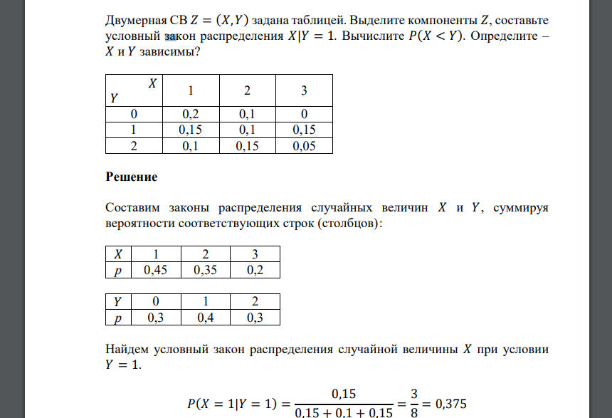 Двумерная СВ 𝑍 = (𝑋, 𝑌) задана таблицей. Выделите компоненты 𝑍, составьте условный закон распределения 𝑋|𝑌 = 1. Вычислите 𝑃(𝑋 < 𝑌). Определите
