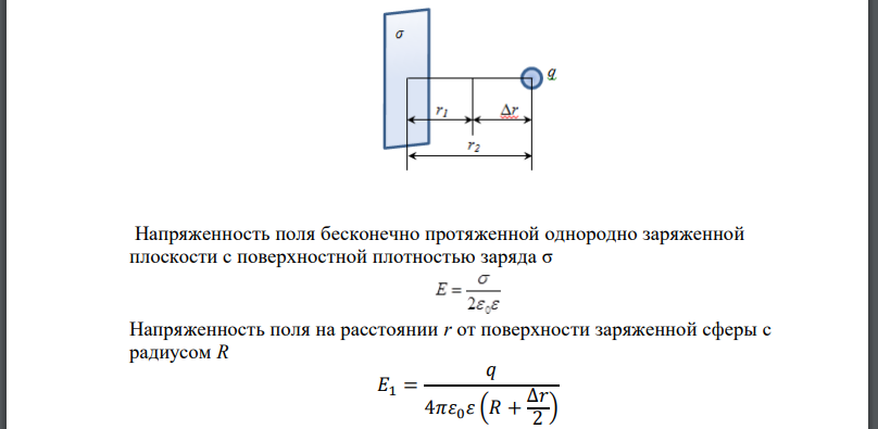 Электрическое поле создано бесконечной плоскостью с поверхностной плотностью заряда и заряженной сферой радиусом находящейся на расстоянии 0,5 м от плоскости.