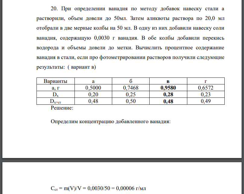 При определении ванадия по методу добавок навеску стали а растворили, объем довели до 50мл. Затем аликвоты раствора по 20,0 мл