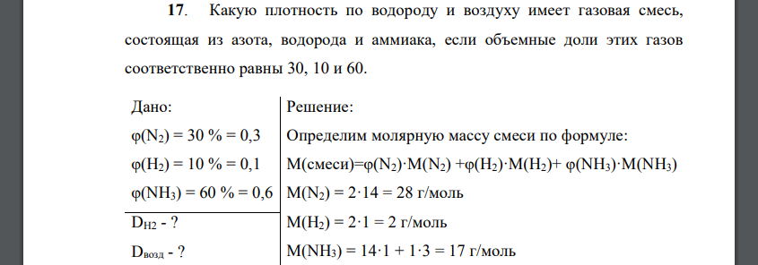 Какую плотность по водороду и воздуху имеет газовая смесь, состоящая из азота, водорода и аммиака