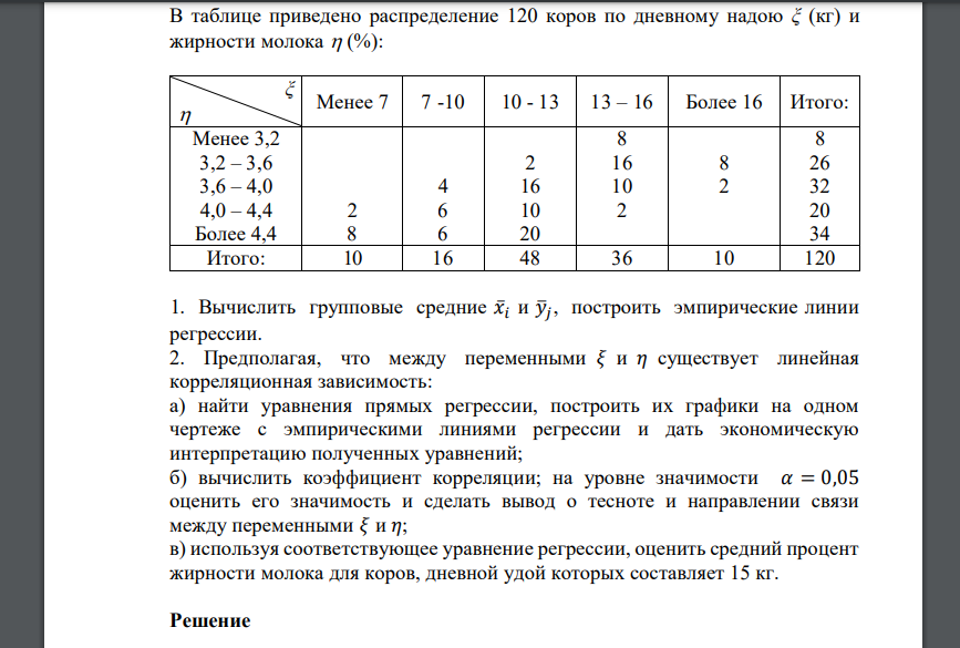 В таблице приведено распределение 120 коров по дневному надою ξ (кг) и жирности молока