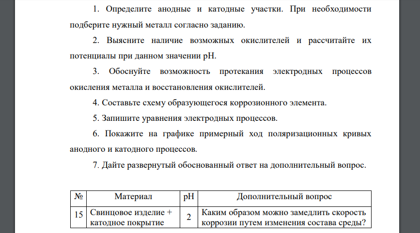 Определите анодные и катодные участки. При необходимости подберите нужный металл согласно заданию Свинцовое изделие + катодное покрытие