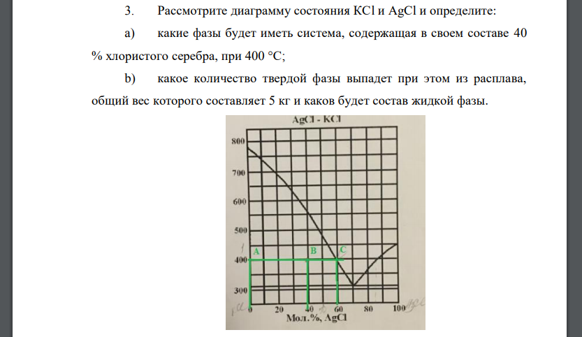 Рассмотрите диаграмму состояния КСl и AgCl и определите: a) какие фазы будет иметь система, содержащая в своем составе 40 % хлористого серебра, при 400 °С