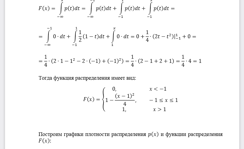 Для непрерывной случайной величины задана плотность распределения: Требуется построить графики плотности распределения и функции распределения