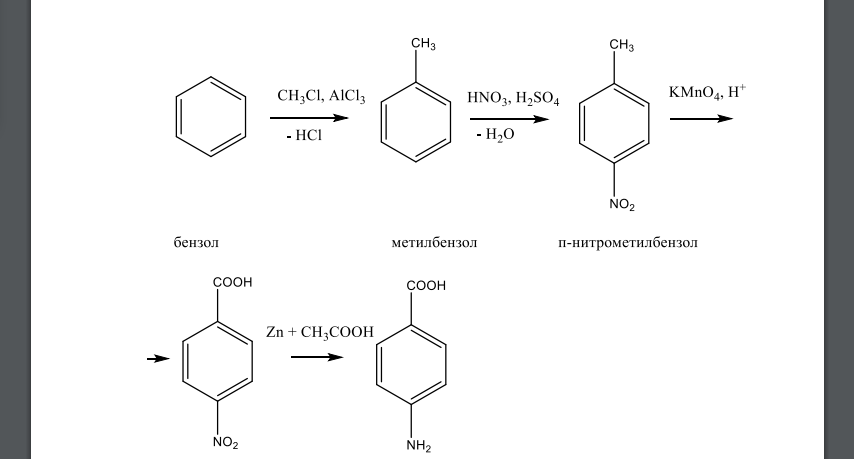 Осуществите превращения: А) бензол → пара-аминобензойная кислота; Б) толуол → 4-бромбензойная кислота