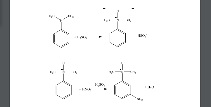Диметиламиногруппа ориентирует в орто- и пара-положения. Однако при нитровании диметиланилина в концентрированной