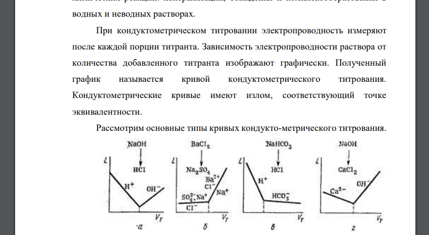 Кондуктометрическое титрование. Сущность метода. Типы кривых кондуктометрического титрования. Понятие о высокочастотном кондуктометрическом титровании. Применение кондуктометрического