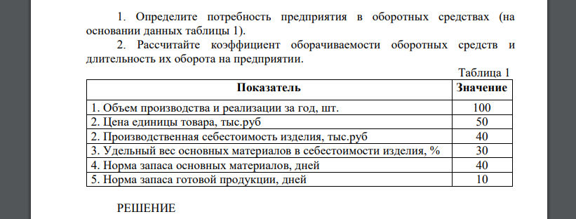 Определите потребность предприятия в оборотных средствах (на основании данных таблицы