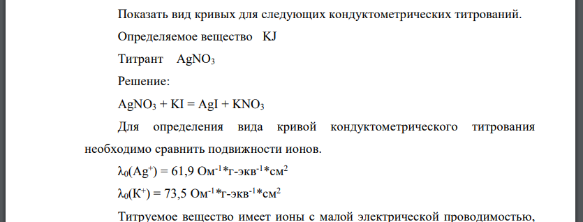 Показать вид кривых для следующих кондуктометрических титрований. Определяемое вещество KJ