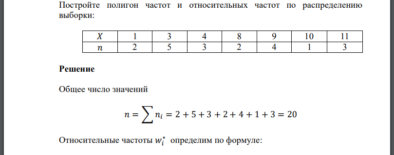 Постройте полигон частот и относительных частот по распределению выборки: 𝑋 1 3 4 8 9 10 11 𝑛 2 5 3 2 4 1 3 Решение
