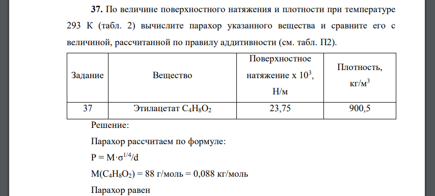 По величине поверхностного натяжения и плотности при температуре 293 К (табл. 2) вычислите парахор указанного вещества и сравните