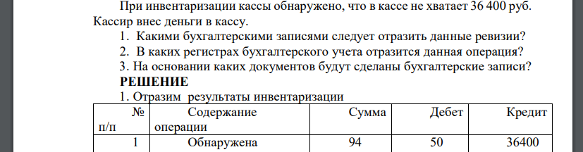 При инвентаризации кассы обнаружено, что в кассе не хватает 36 400 руб. Кассир внес деньги в кассу. 1. Какими бухгалтерскими записями следует отразить данные ревизии? 2. В каких регистрах бухгалтерско