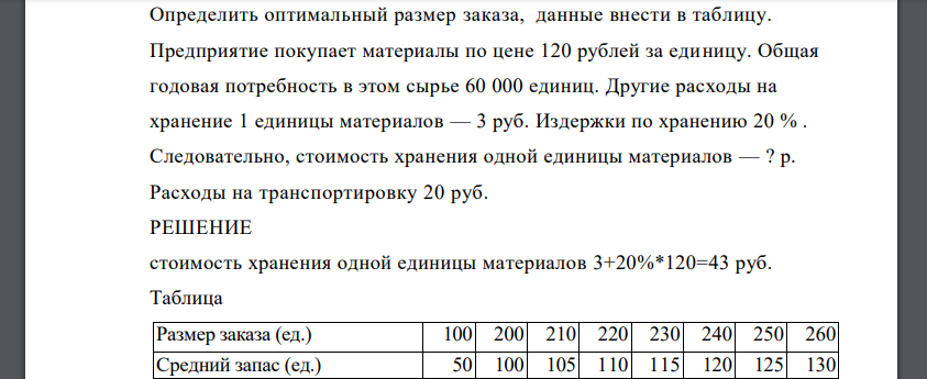 Определить оптимальный размер заказа, данные внести в таблицу. Предприятие покупает материалы по цене 120 рублей за единицу. Общая годовая