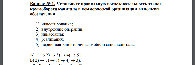 Установите правильную последовательность этапов кругооборота капитала в коммерческой организации, используя