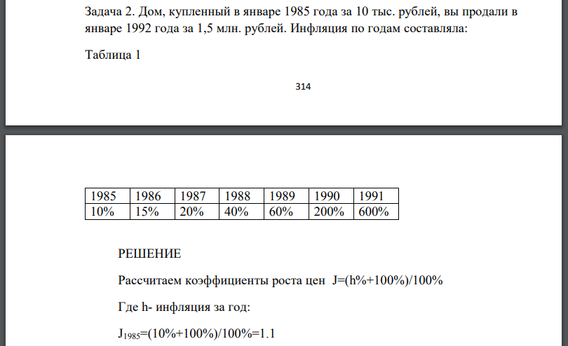 Дом, купленный в январе 1985 года за 10 тыс. рублей, вы продали в январе 1992 года за 1,5 млн. рублей. Инфляция по годам составляла: