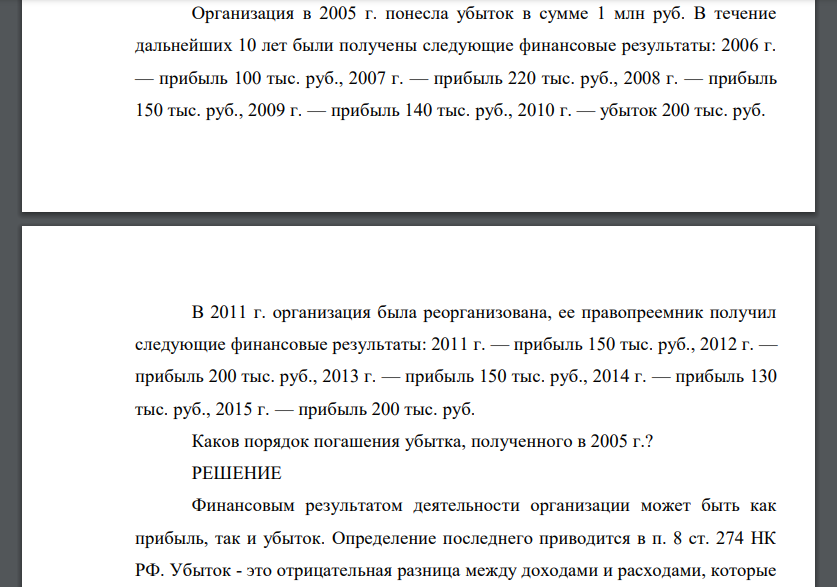 Организация в 2005 г. понесла убыток в сумме 1 млн руб. В течение дальнейших 10 лет были получены следующие финансовые результаты