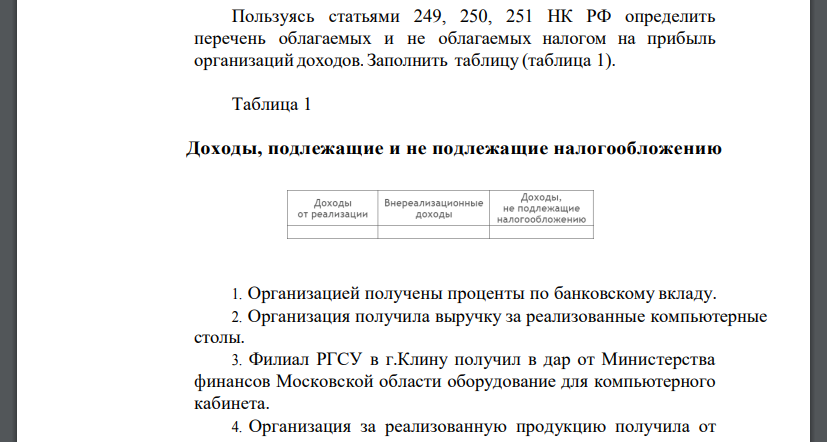 Пользуясь статьями 249, 250, 251 НК РФ определить перечень облагаемых и не облагаемых налогом на прибыль организаций доходов