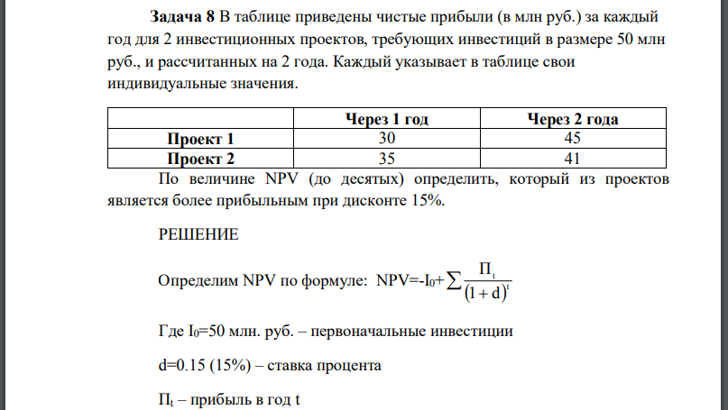 В таблице приведены чистые прибыли (в млн руб.) за каждый год для 2 инвестиционных проектов, требующих инвестиций