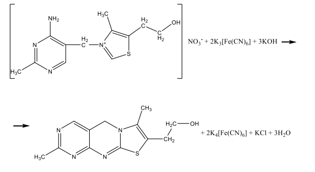 Обоснуйте методику определения подлинности тиамина нитрата (ФС.2.1.0189.18), приведите химизм, поясните эффект реакции