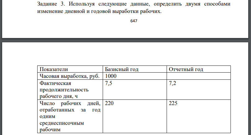 Используя следующие данные, определить двумя способами изменение дневной и годовой выработки рабочих.