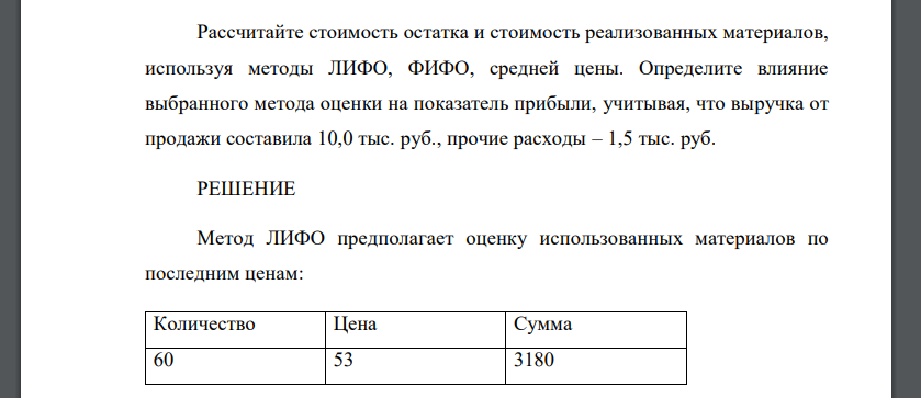 Определите влияние выбранного метода оценки на показатель прибыли, учитывая, что выручка от продажи составила 10,0 тыс. руб., прочие расходы