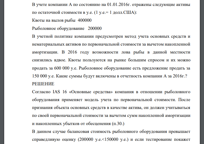 В учете компании А по состоянию на 01.01.2016г. отражены следующие активы по остаточной стоимости в у.е. (1 у.е.= 1 долл.США): Квоты на вылов рыбы 400000