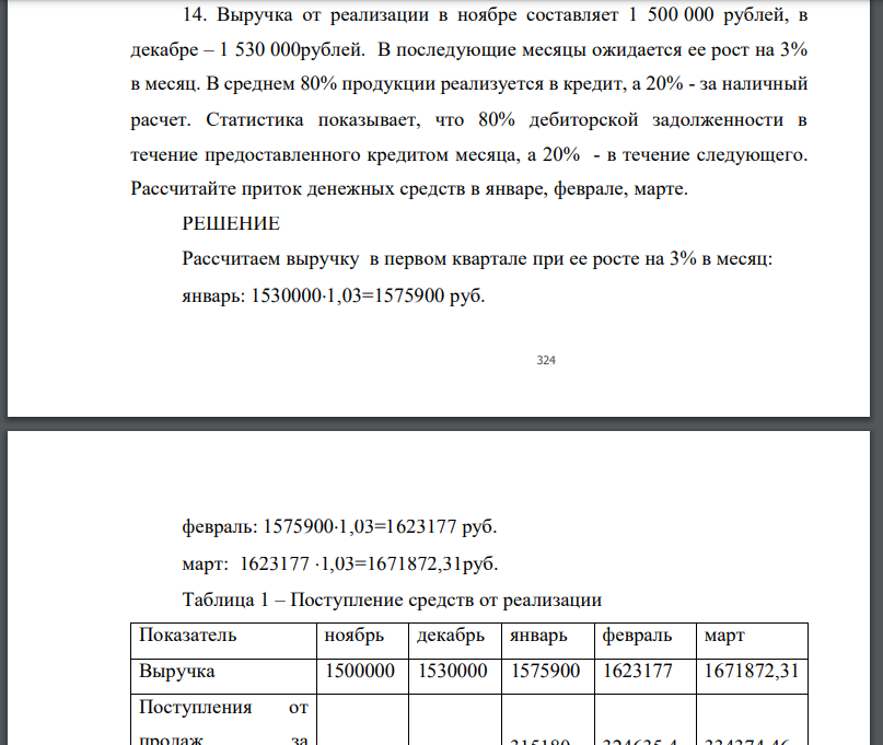 Выручка от реализации в ноябре составляет 1 500 000 рублей, в декабре – 1 530 000рублей. В последующие месяцы ожидается ее рост на 3%