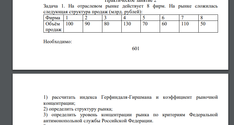 На отраслевом рынке действует 8 фирм. На рынке сложилась следующая структура продаж (млрд. рублей)