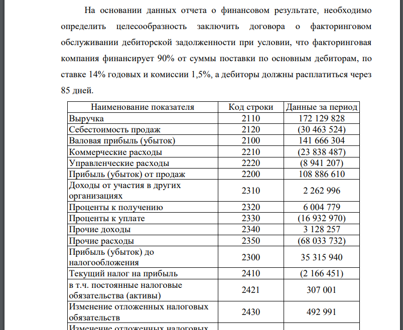 На основании данных отчета о финансовом результате, необходимо определить целесообразность заключить договора о факторинговом