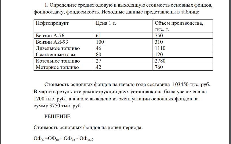 Стоимость основных фондов на начало года составила 103450 тыс. руб. В марте в результате реконструкции двух установок она была увеличена на 1200 тыс. руб