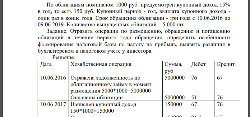 По облигациям номиналом 1000 руб. предусмотрен купонный доход 15% в год, то есть 150 руб. Купонный период - год, выплата купонного дохода -