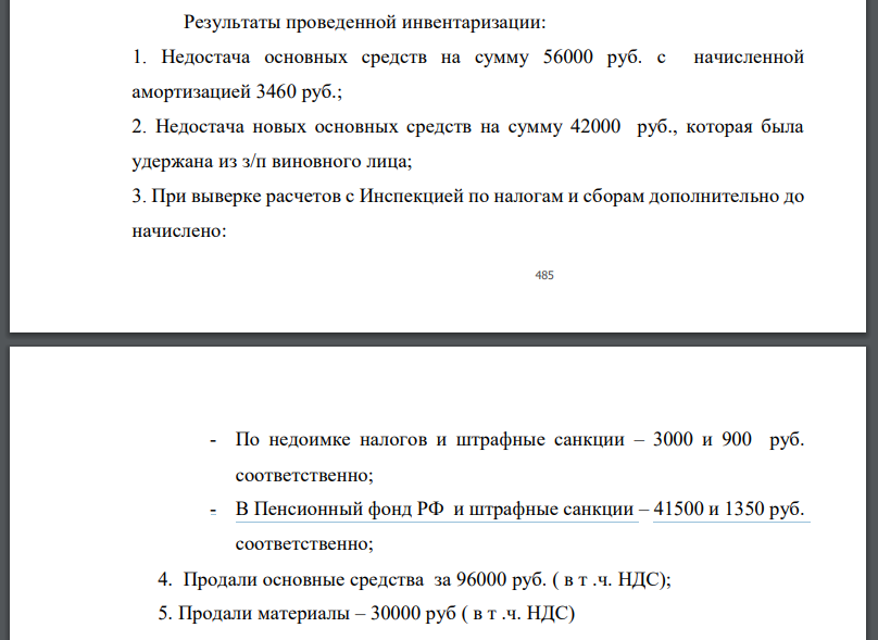 Результаты проведенной инвентаризации: 1. Недостача основных средств на сумму 56000 руб. с начисленной амортизацией 3460 руб.;