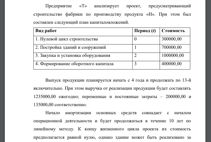 Предприятие «Т» анализирует проект, предусматривающий строительство фабрики по производству продукта «Н»