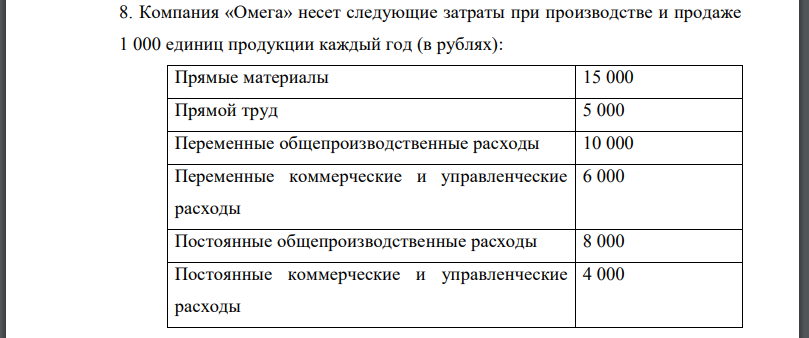 Компания «Омега» несет следующие затраты при производстве и продаже 1 000 единиц продукции каждый год (в рублях): Какова будет цена продаж