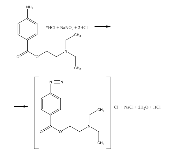 Укажите, какие реакции лежат в основе нитритометрического определения препаратов п-аминобензойной кислоты, на примере новокаина и дикаина