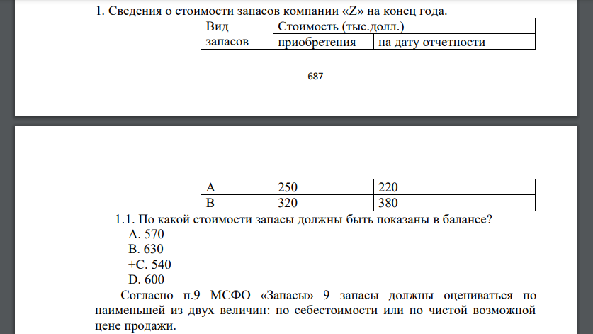 Сведения о стоимости запасов компании «Z» на конец года. Вид запасов Стоимость (тыс.долл.) приобретения на дату отчетности А 250 220 В 320 380 1.1. По какой стоимости запасы