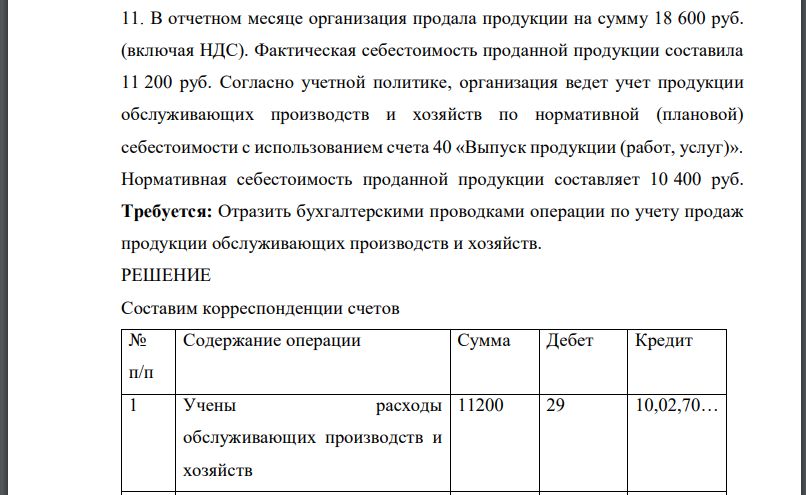 В отчетном месяце организация продала продукции на сумму 18 600 руб. (включая НДС). Фактическая себестоимость проданной продукции составила