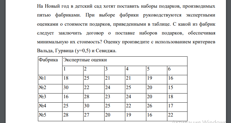 На Новый год в детский сад хотят поставить наборы подарков, производимых пятью фабриками. При выборе фабрики руководствуются экспертными оценками о стоимости подарков, приведенными в таблице