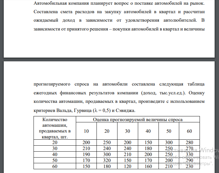 Автомобильная компания планирует вопрос о поставке автомобилей на рынок. Составлена смета расходов на закупку автомобилей в квартал и рассчитан ожидаемый доход в зависимости от удовлетворения автолюби