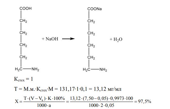Дайте заключение о качестве аминокапроновой кислоты (М.м. 131,17) 5 % раствора для инфузий по количественному содержанию