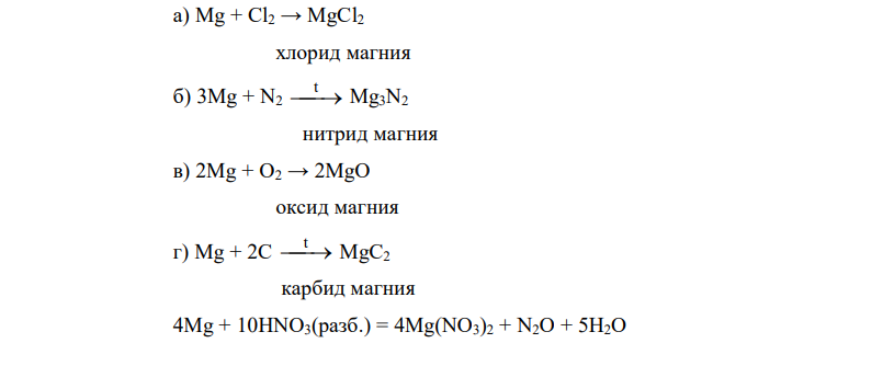 Написать уравнения реакций взаимодействия магния со следующими неметаллами: а) хлор; б) азот; в) кислород; г) углерод