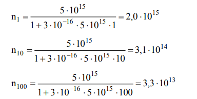 Определите изменение общего числа частиц n газовой сажи под действием ультразвука в следующих интервалах времени: 1, 10, 100 с. До коагуляции в 1 м3 воздуха содержалось n0 = 5·1015 частиц