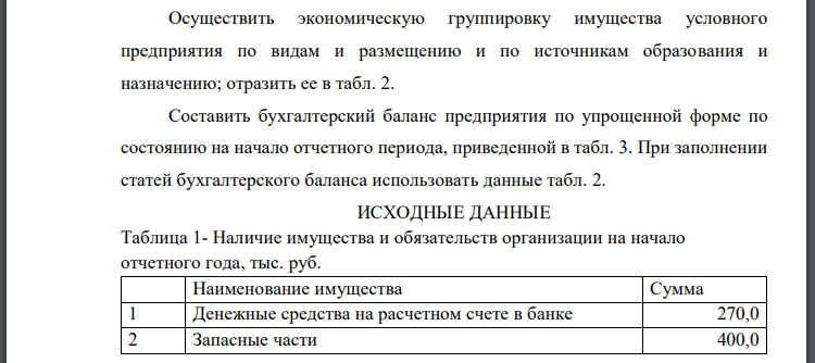 Осуществить экономическую группировку имущества условного предприятия по видам и размещению и по источникам образования и назначению