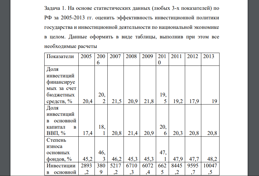 На основе статистических данных (любых 3-х показателей) по РФ за 2005-2013 гг. оценить эффективность инвестиционной
